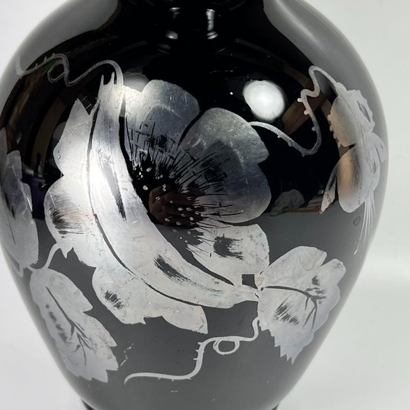 Fenton Silver Poppies On Ebony Black Burnished Silver Vase Hand Painted Signed - Picture 9 of 15